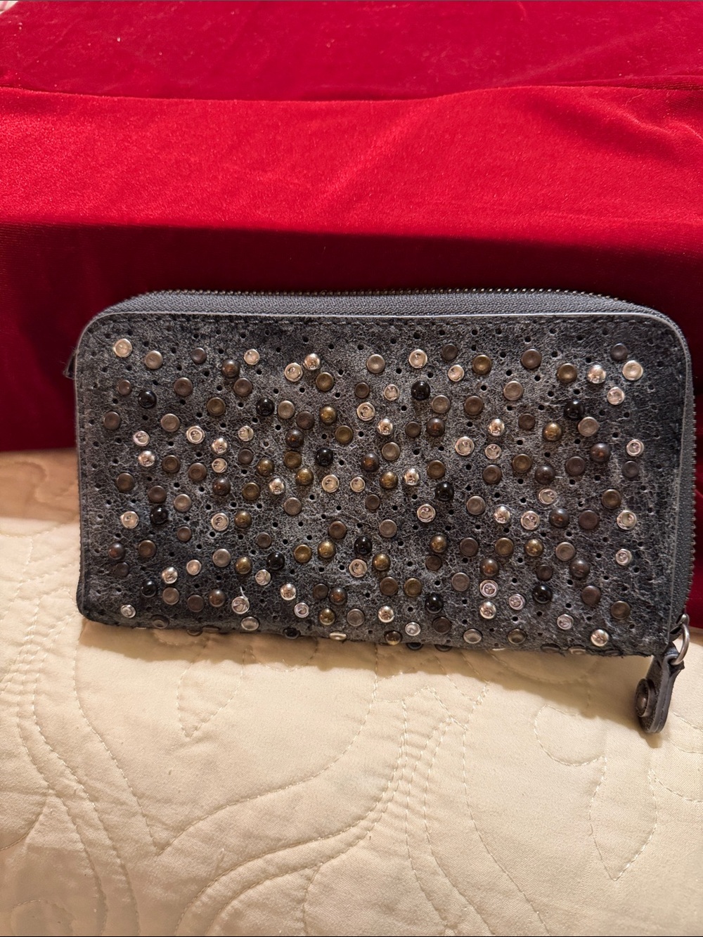 Frye Black Studded Zip Wallet with Crystal Accents